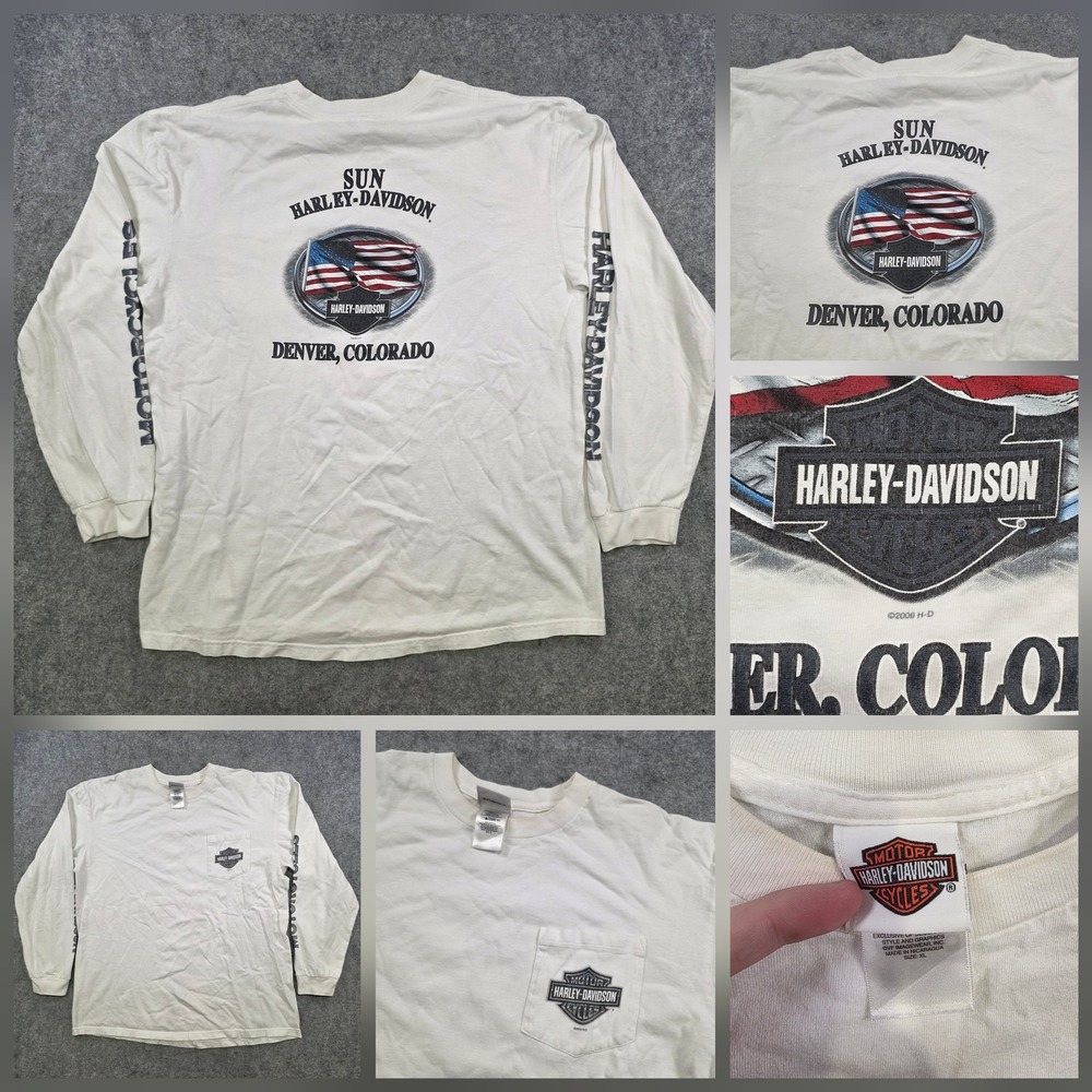 VTG Y2K Harley Davidson Motorcycles T Shirt Mens XL White Sun Denver Long Sleeve